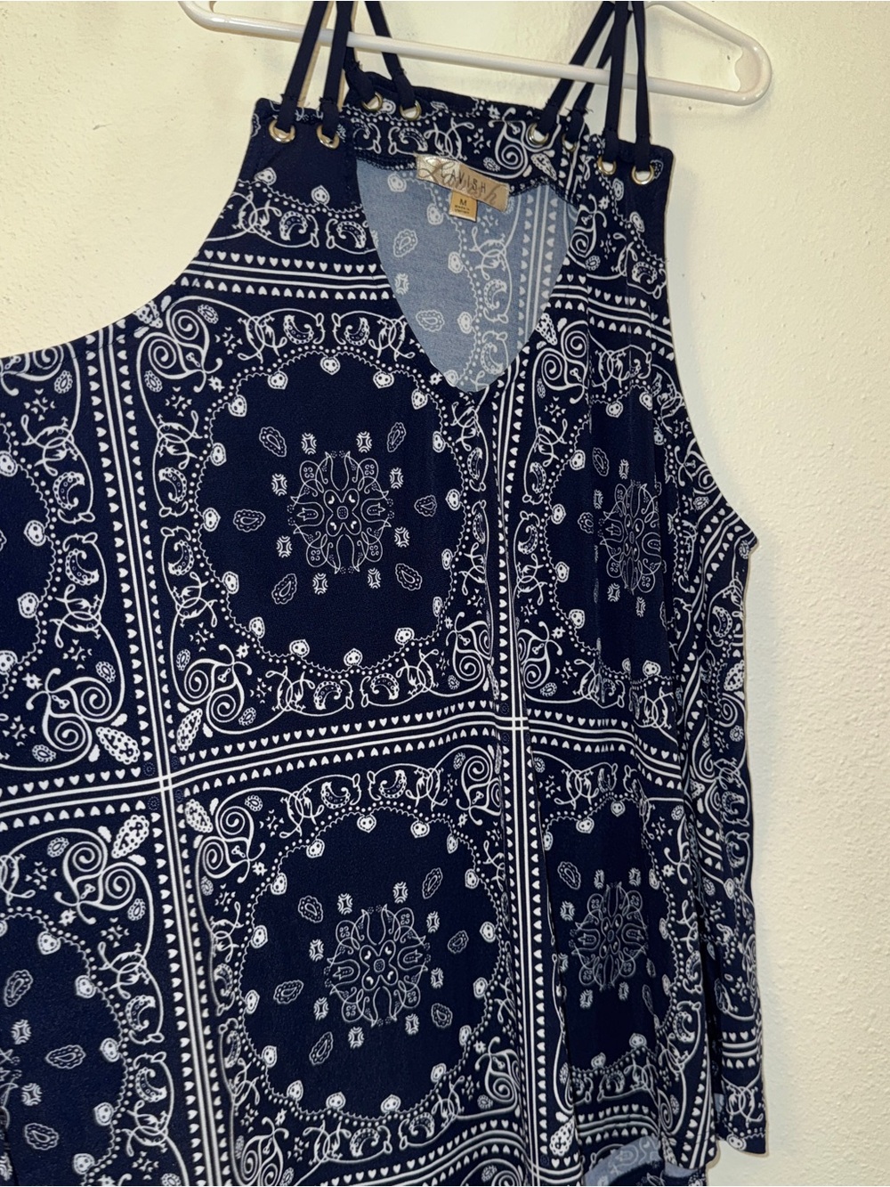 Lavish Navy and White Bandana-Print Tank Top with Grommet Straps, M